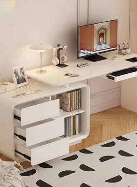 油用风电脑53003050台桌家办公桌式书柜桌双层轻奢现代转角书奶桌