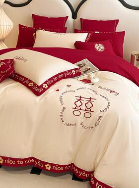 笠高端婚庆10长0支绒棉四件结婚套陪嫁全棉红色床WZ100844单床款
