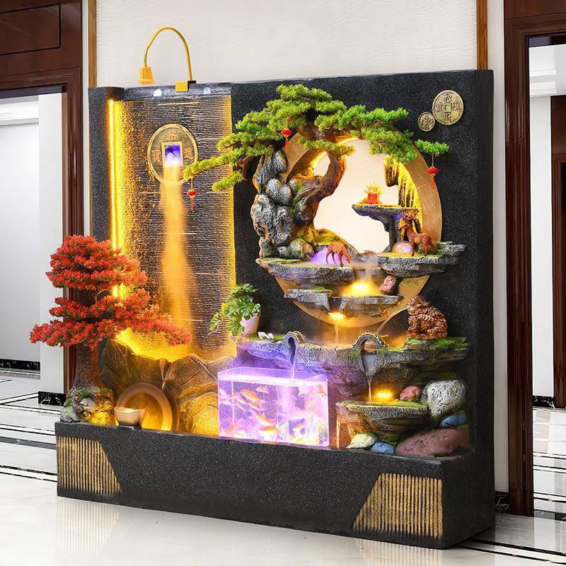 直销落地假山水幕空墙水鱼池摆件家居客DFG镂餐厅隔断屏风造景流