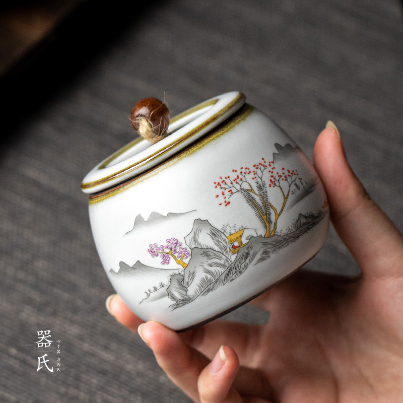 器氏 陶瓷铁胎釉木钮茶叶罐家用复古密封罐铝盖防潮普洱储存罐子