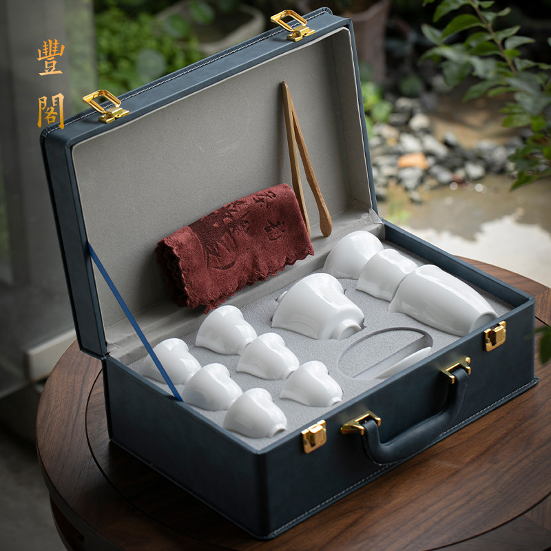 高白瓷功夫茶具套装整套陶瓷茶杯玻璃茶壶盖碗泡茶办公室礼盒送礼