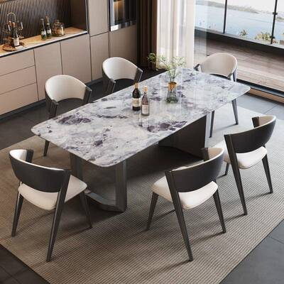 天然黑玫奢瑰石餐桌高端CZTR雪山式奢家用长方形大意理石轻餐桌椅