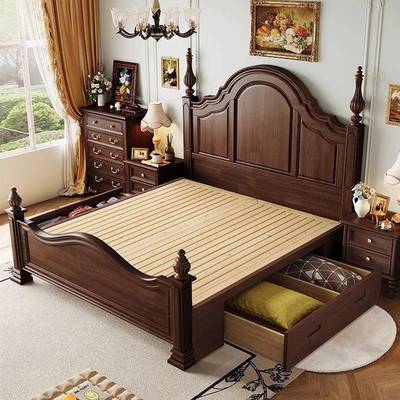 美式床复古全实木床法INK式双中古风桃原木胡木色人床简约欧式储