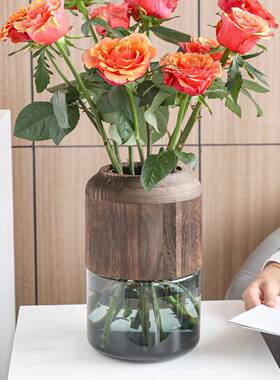 视远透明玻璃实花瓶高SHY20249级感原木木创装饰店板房摆酒意件
