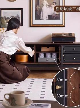 式法实木电视柜边组柜合落地客厅黑色茶几复古电视奢PNQ机柜轻高