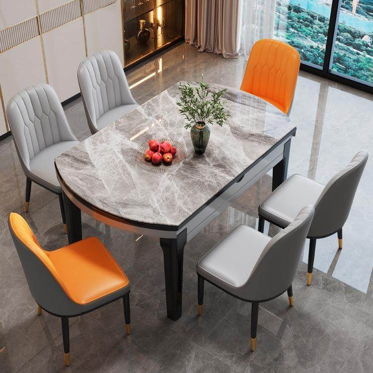 岩板餐桌椅合组吃现代简约轻奢饭小户型家用可折叠方圆两用客921#