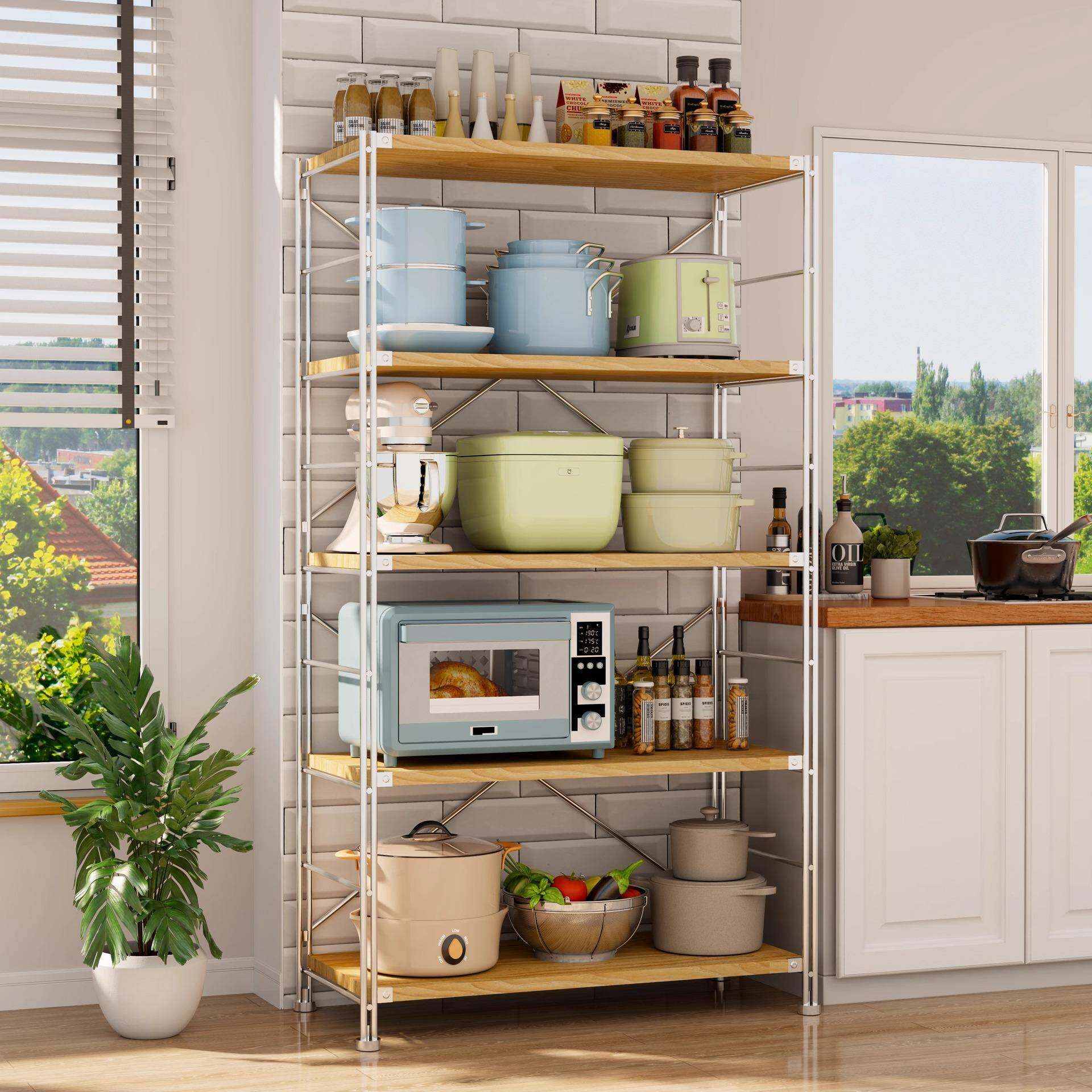 厨房置物架多收层YUEJIANG纳架日简式多功能地微波炉落原木风约储