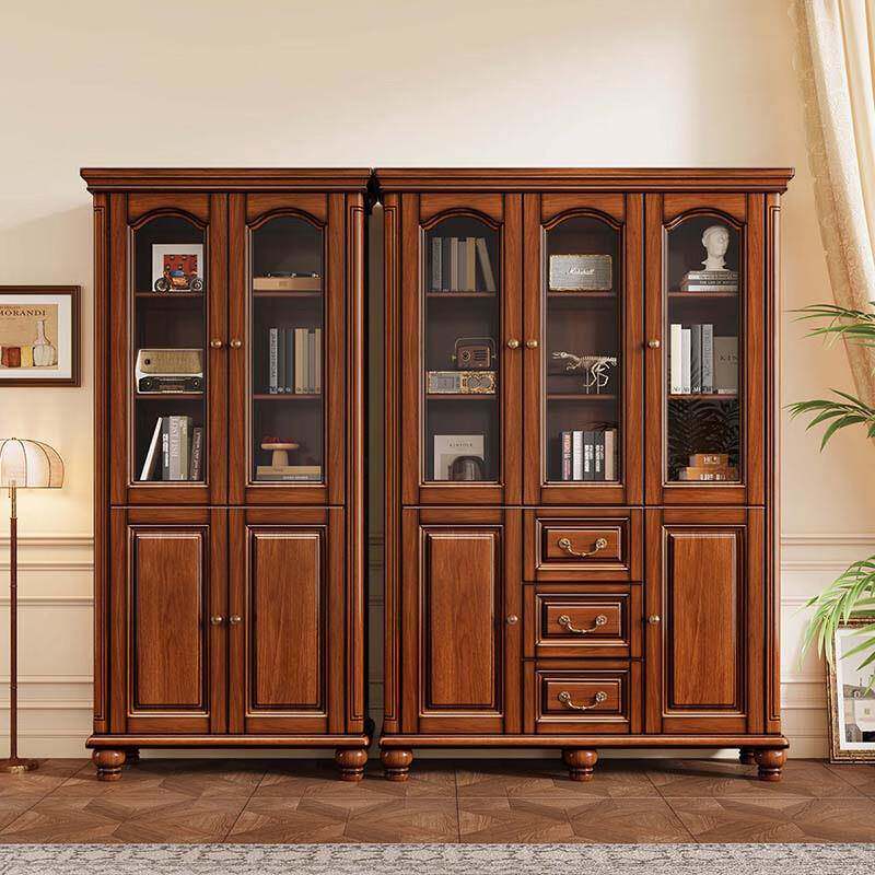 美式复合古乡村实木书桃花木书柜房自由组落地书橱置物柜心SOL玻
