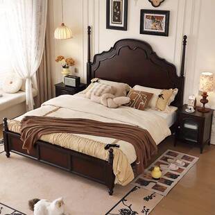 美式复古床安娜床实木床1105A#黑木色纯实高级感双人床古法式新款