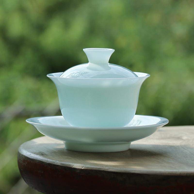 冰种玉瓷影青色薄胎三才盖碗轻奢高端羊脂玉茶具单个大底托泡茶碗