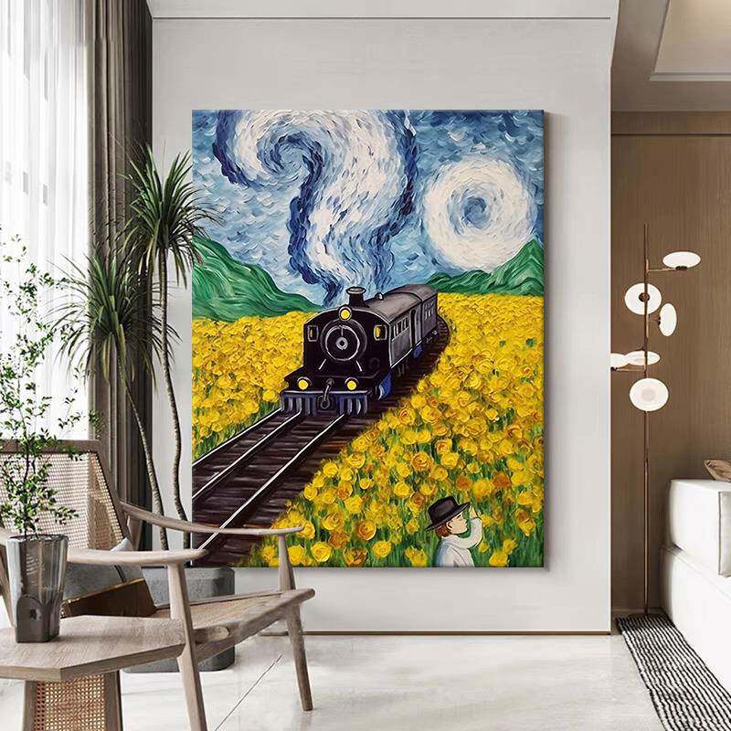 梵高世界名画纯手绘油画花海星空客厅装饰画大芬村玄关火车挂画
