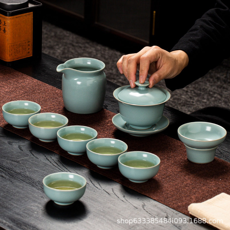 天青仿古汝窑茶具整套家用中式复古壶开片汝瓷茶壶盖碗茶道泡茶器
