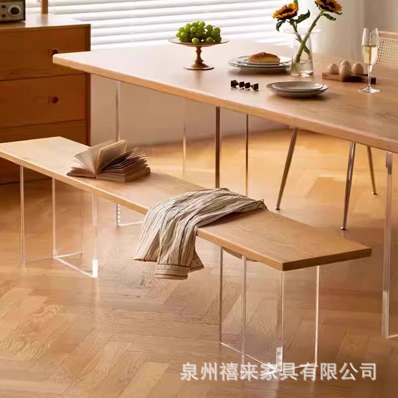 北欧长条凳实木餐椅长板凳极简原木餐桌白蜡木松木亚克力悬浮长凳