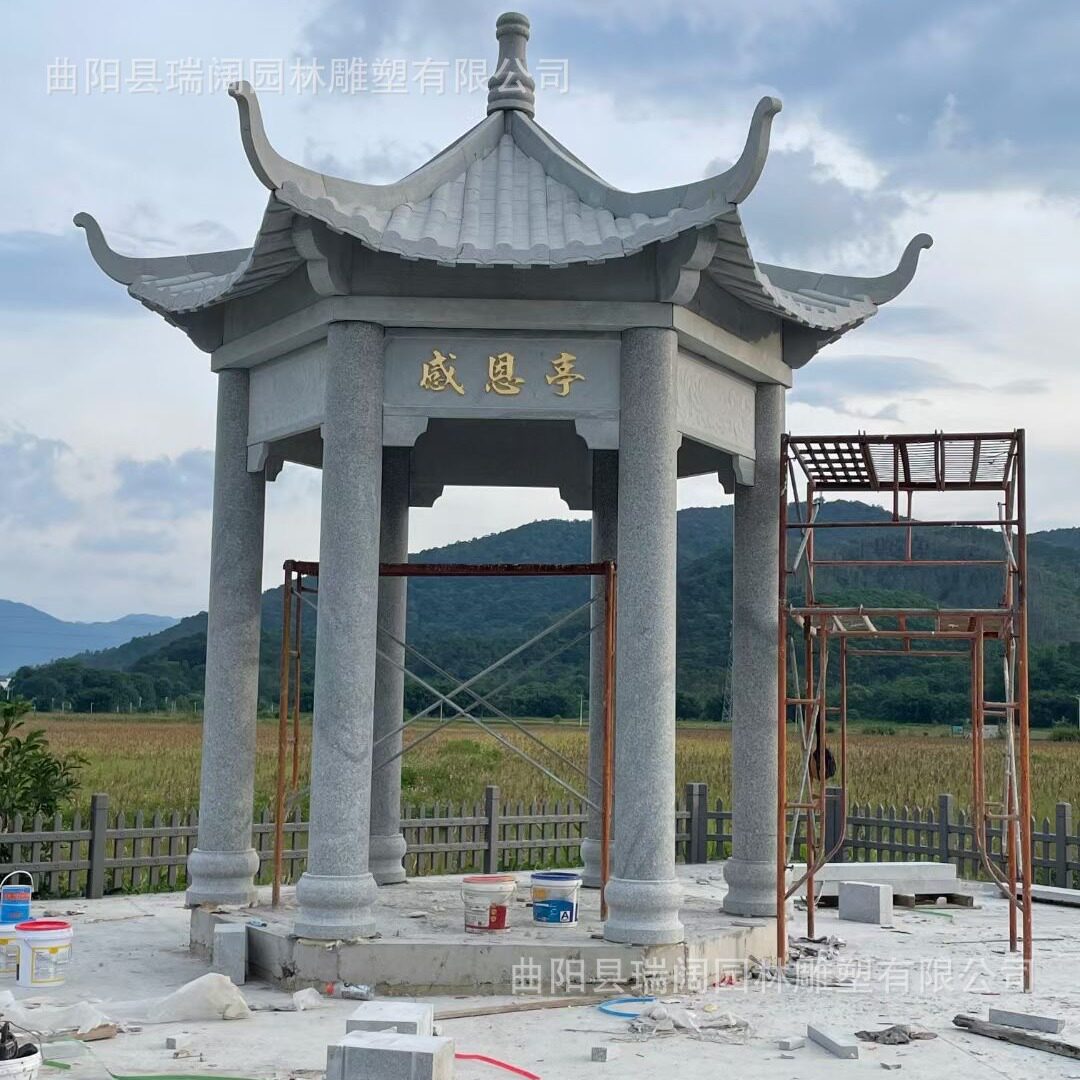 石雕凉亭双层户外园林石头亭子公园晚霞红花岗岩凉亭长廊景观雕塑