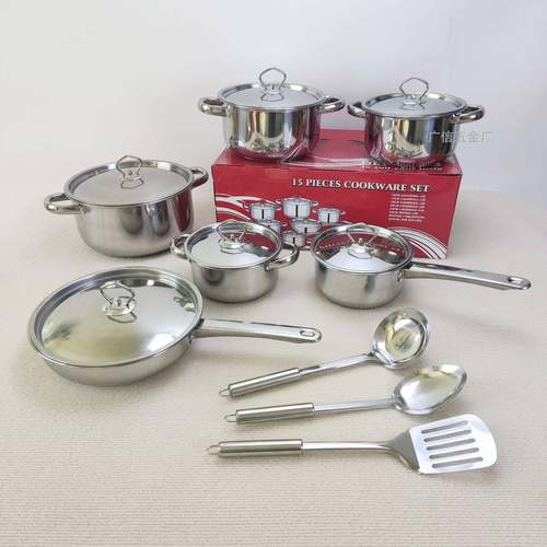 直销15件套pcs不锈钢套装锅加厚复底奶锅汤锅煎锅东南亚