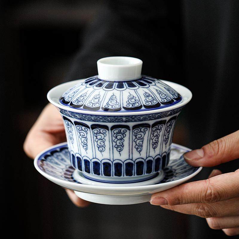 卷草纹如玉盖碗单个三才泡茶碗茶杯仿古青花陶瓷高档不烫手茶具