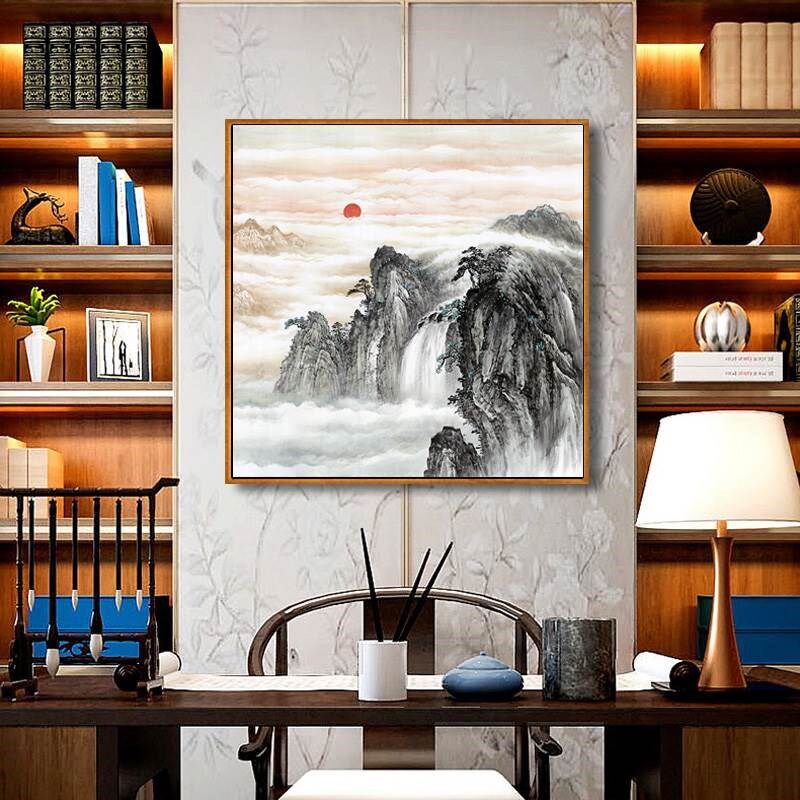 山水风景画客厅挂画正方形办公室装饰画高山流水生财靠山招财壁画