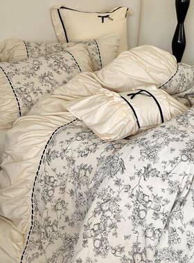 G8A法古风褶皱花边秋春四件套床笠公主风加厚式被套复纯色床ALY单