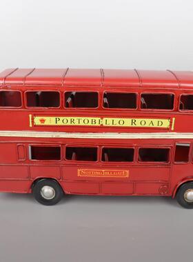 复古双层士公艺交车模品型铁皮手工怀旧酒074吧橱窗陈巴列装饰品