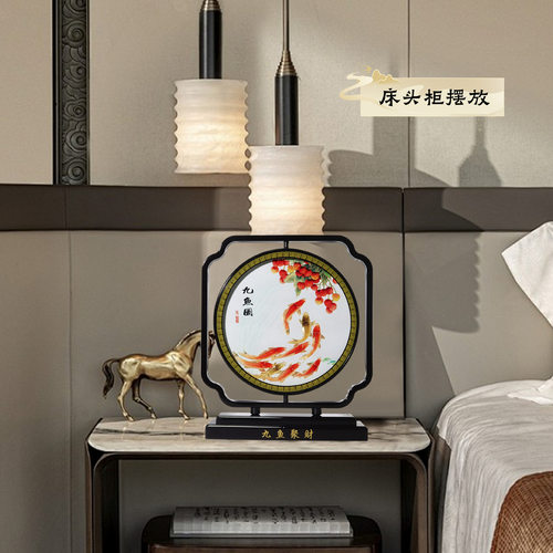 圆盘画招财九鱼图中式圆形山水意境画图摆件玄关画桌面摆台铜雕画