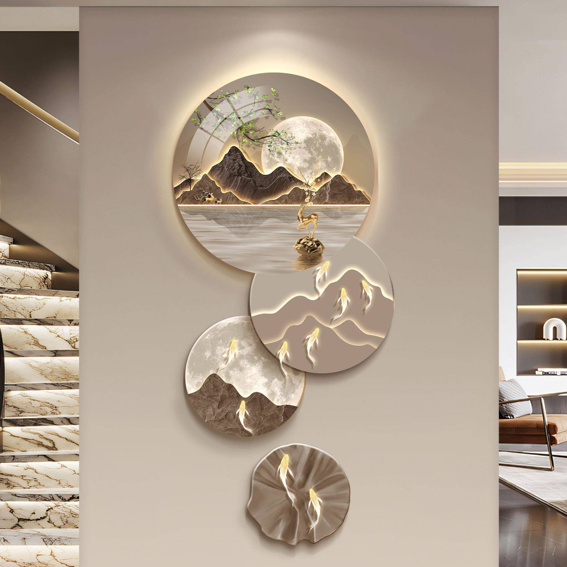 九鱼玄关装饰画过DK3-M1灯画轻奢入户正走对门山水壁灯廊道画挂画