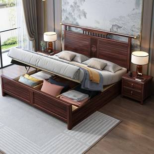 金木实木床新中式 床双人高箱储米 1.2乌卧室人床2.0米主卧单9901B