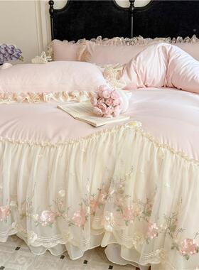 2025LP-66880韩新款洗亲肤棉雪纺蕾刺绣公主风版床丝裙四件套床笠