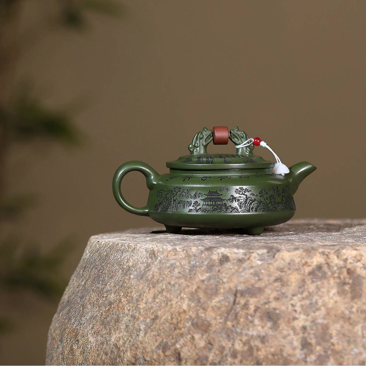 爆款宜兴ZHIFU-61紫砂壶手工制周原矿优质作绿双龙争珠盘泡泥茶壶