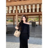 上衣女肌理a字半身裙套装 1XTWO 露肩针织衫 黑色圆领长袖 松弛漫调