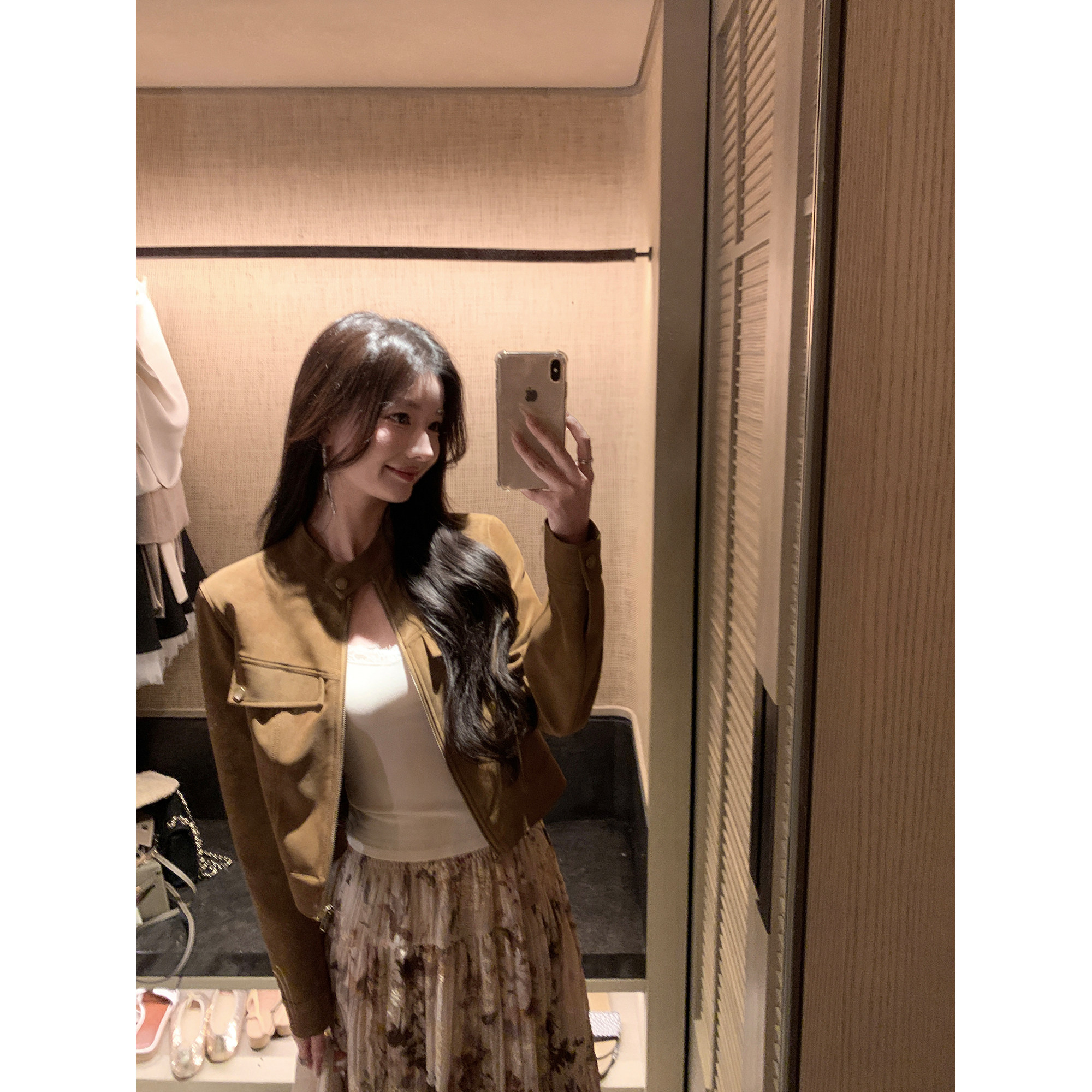 1XTWO 浓郁焦糖 复古立领麂皮夹克上衣女咖色小个子拉链短款外套