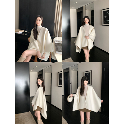 1XTWO奶芙千金 高级羊毛双面呢披肩外套女宽松不规则呢子斗篷上衣