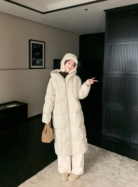 1XTWO 伯尔雪岛 连帽长款羽绒服女冬季保暖90白鸭绒宽松过膝外套