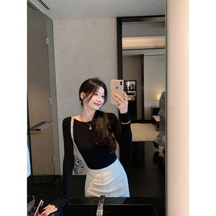 1XTWO 素缎缓光 一字领长袖针织衫女气质修身莱赛尔叠穿打底上衣