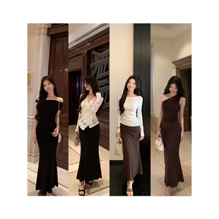 1XTWO 扭结弹力针织半身裙女设计感包臀鱼尾裙气质长裙 侘寂系