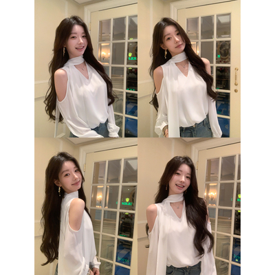 1XTWO法式优雅V领飘带露肩衬衫