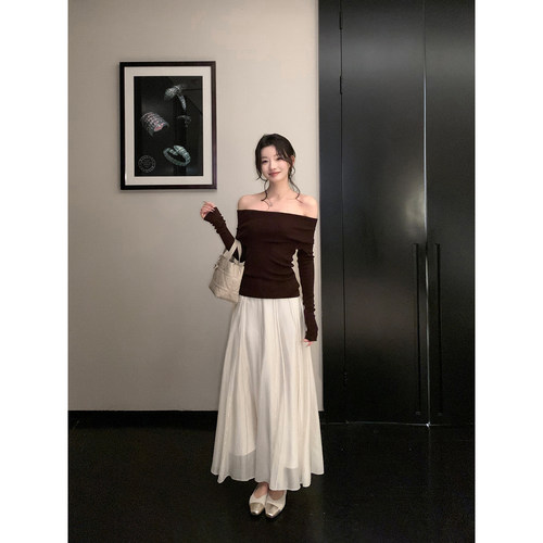 1XTWO米杏色高腰A字半身百褶裙