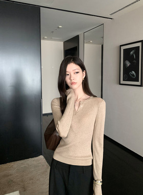 1XTWO  温暖对白 气质半开领长袖针织衫女黑色修身内搭打底上衣