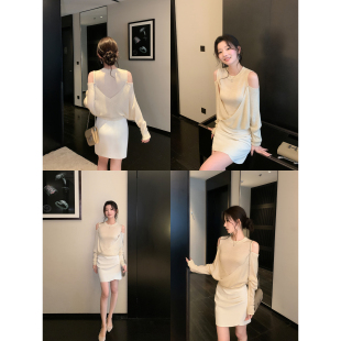 女慵懒风蝙蝠袖 1XTWO 针织衫 设计感假两件露肩长袖 上衣 浪漫因子