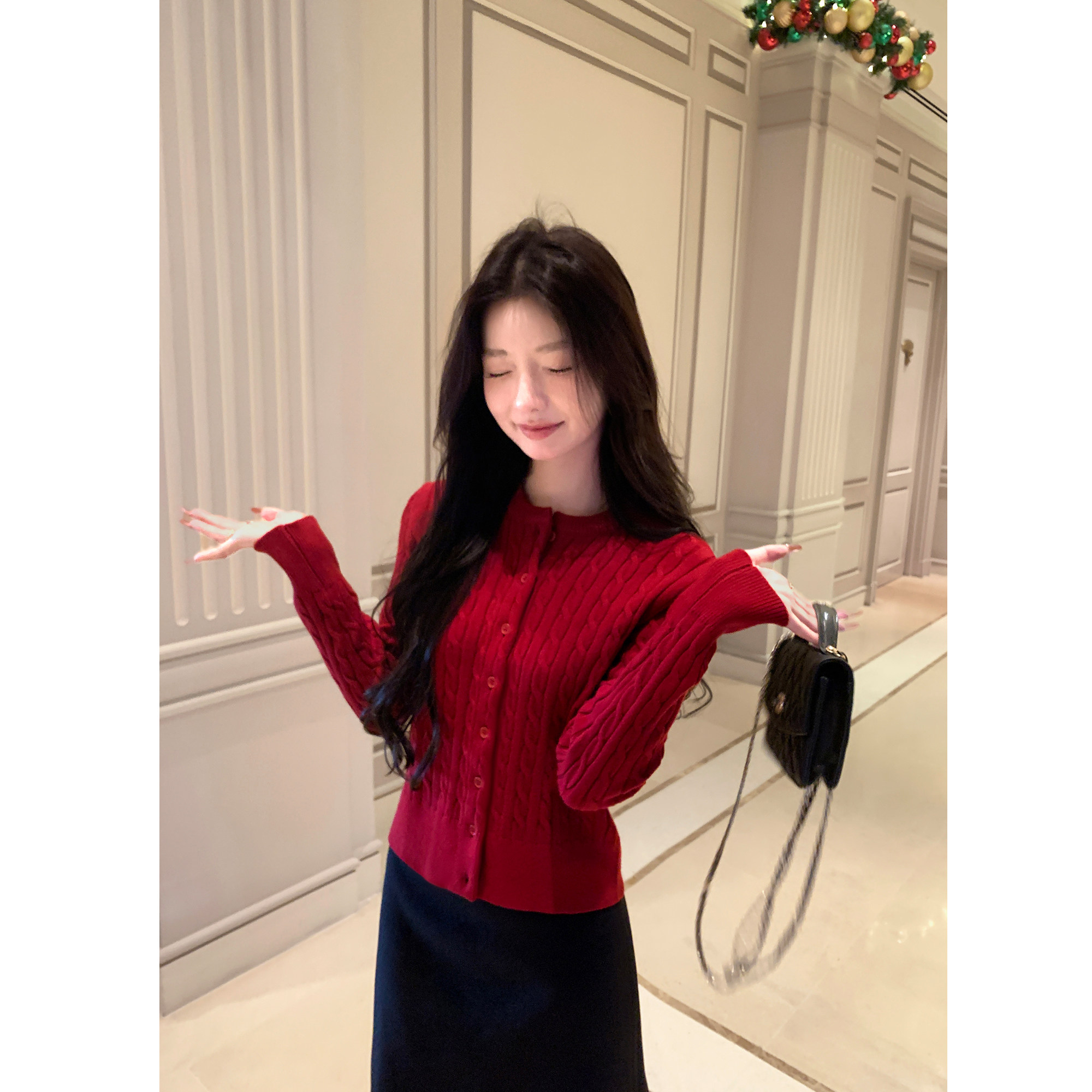 1XTWO 编织温柔 复古红色圆领麻花长袖针织衫女外穿显瘦毛衣开衫