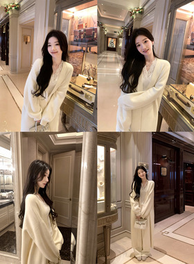 1XTWO绯色黄昏 慵懒松弛长款针织开衫女气质宽松白色毛衣外套