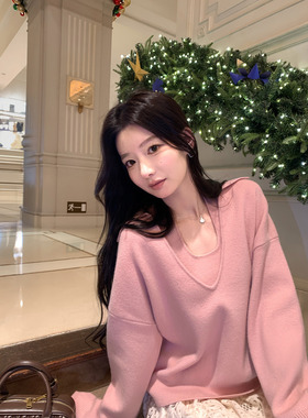 1XTWO软糯温柔 V领毛衣女挂脖真两件套宽松设计感针织衫叠穿上衣