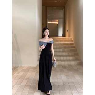 1XTWO高阶气场 御姐风一字肩撞色拼接连衣裙女设计感扭结露肩长裙