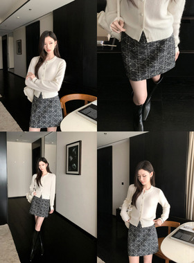 1XTWO 演绎小香 千金风藤格纹半身裙女肌理感显瘦短款a字包臀裙子