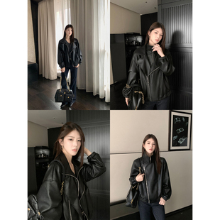 1XTWO 曼城旧事 复古假两件PU皮衣外套女高级感翻领宽松廓形夹克