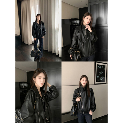 1XTWO 曼城旧事 复古假两件PU皮衣外套女高级感翻领宽松廓形夹克