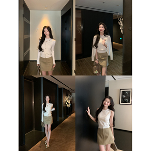 女圆领无袖 1XTWO 麻花毛衣针织开衫 经典 背心上衣两件套 陷进温柔