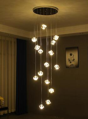 楼梯长吊灯现代简约别墅LED水晶吊灯loft旋转复式楼吊灯