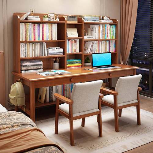 实木儿童学习桌带书架双人书桌学生家用书柜组合写字台简约电脑桌