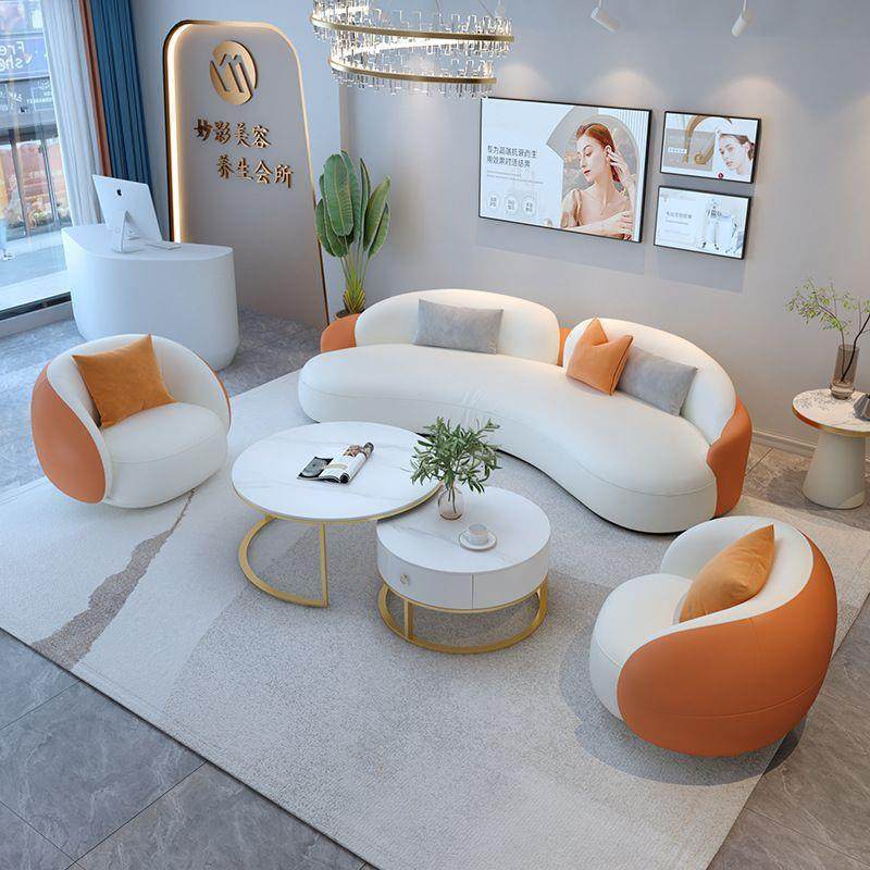 奶油风轻奢猫爪皮三人位弧形洽谈沙发客厅美容院接待休息区服装店,纺织面料/辅料/配套,纺织机械配件,淘宝优惠券,粉丝福利购,淘宝优惠卷