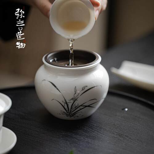 弥言手绘兰花陶瓷茶洗大号水洗杯洗带盖家用茶渣缸水盂茶道配件